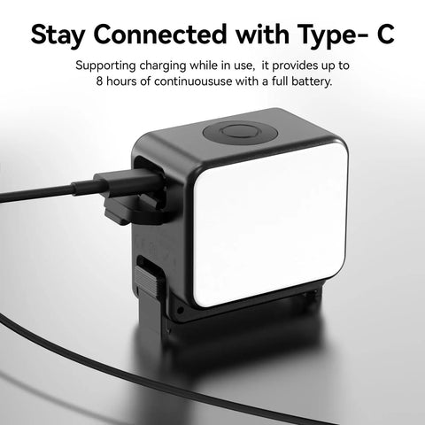 Dope Mini LED Vlogging Light For Action Cameras With 12 LEDs, Magnetic Mount, USB-C charging, fill light, black housing.