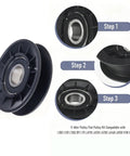 Top Tier GX20286 And GX20287 Grass Mower Belt V Idler Pulley Kits That Are Totally Compatible With John 102 To D170 Models For A Smooth Ride. black metal V-idler pulley kit, close-up assembly steps