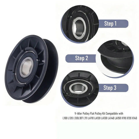 Top Tier GX20286 And GX20287 Grass Mower Belt V Idler Pulley Kits That Are Totally Compatible With John 102 To D170 Models For A Smooth Ride. black metal V-idler pulley kit, close-up assembly steps