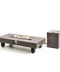 54 Inch Propane Fire Pit Table With Rain Cover For Outdoor Patio Backyard Or Deck 50 000 BTU Gas Heater Rectangular Modern Wood Look Fire Pit Durable Stainless Steel Burner Bowl Effortless Setup And Use shown with flame and propane tank cover