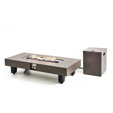 54 Inch Propane Fire Pit Table With Rain Cover For Outdoor Patio Backyard Or Deck 50 000 BTU Gas Heater Rectangular Modern Wood Look Fire Pit Durable Stainless Steel Burner Bowl Effortless Setup And Use shown with flame and propane tank cover