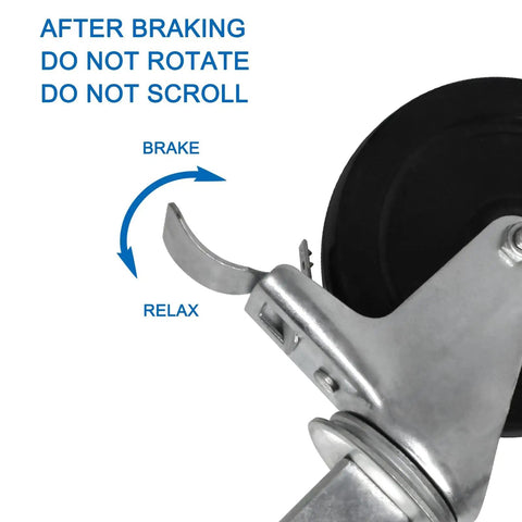 Premium Workhorse Five Inch Baker Scaffold Wheels Set Of Four With Square Stem And Dual Lock Brakes shown with brake mechanism.