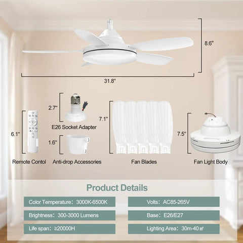 32 Inch Socket Fan Light With Remote Ultra Bright 3000 Lumen Ceiling Fan Light Combo E26/E27 Compatible in room setup