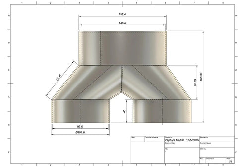 Technical drawing of 6 Inch To 4 Inch 2 Way Duct Splitter Connector for dust collection, showing dimensions and design details.
