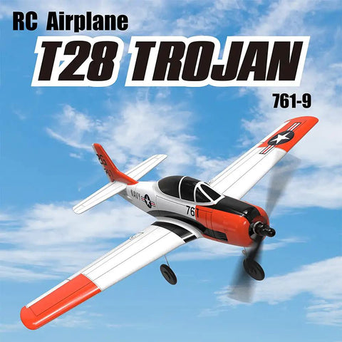 Beginner Friendly RC Airplane With XPilot Stabilization System, T28 Trojan ParkFlyer Plane in flight against blue sky
