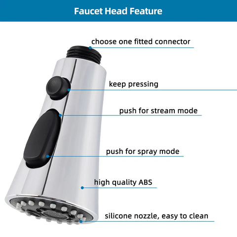 Universal Kitchen Faucet Head Replacement With Fifteen Adapter Kit showing buttons, chrome finish, labeled features
