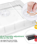 Seed Starter Tray Kit 5 Pack Propagator with humidity vent demonstration on clear dome lid, close-up view.