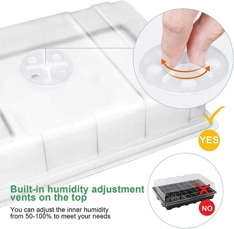 Seed Starter Tray Kit 5 Pack Propagator with humidity vent demonstration on clear dome lid, close-up view.