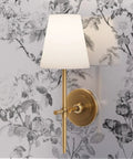Premium Floral Toile Cottage Wallpaper With Glamorous Silver Metallic Finish Eco Friendly PVC Free Wall Covering with a gold wall sconce.