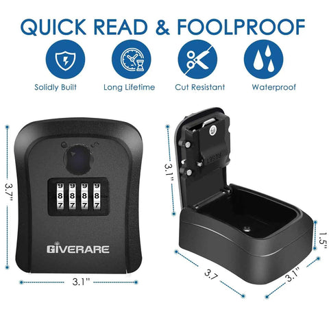 4 Digit Combo Key Safe Box Outdoor Waterproof Wall Mount Lock Box with Mounting Kit displayed open and closed