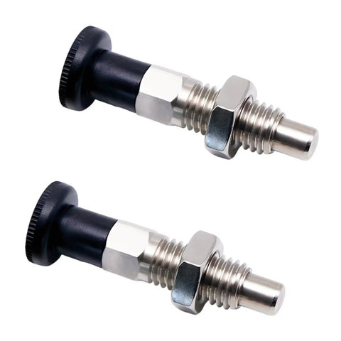 Two Pack Push Fit Ball Nose Spring Plunger M10x1.5 Stainless Steel Retractable Index Locating Pin Plug And Play Positioning Tool showing two pins with black grips.