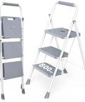 Three Step Ladder With Anti Slip Pedals And Comfortable Handrail Portable Heavy Duty Step Stool For Kitchen Garage And Outdoor Use Folds For Easy Storage And Ready To Roll Lightweight Gray, shown unfolded and folded