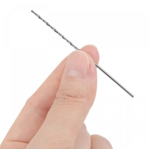 Person holding a Five Pack 1.2mm Micro Twist Drill Bits Set, Pro Grade High Speed Steel With Straight Shank, Extra Long 65mm Length