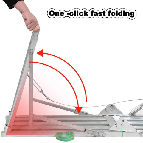 Heavy Duty Foldable Scaffold Ladder With Sure Footing Steps Adjustable Height Work Platform Tower Stool Built Like A Tank For Welding And Crew Jobs Rated Eight Eighty Pounds showcasing one-click fast folding mechanism for easy setup.