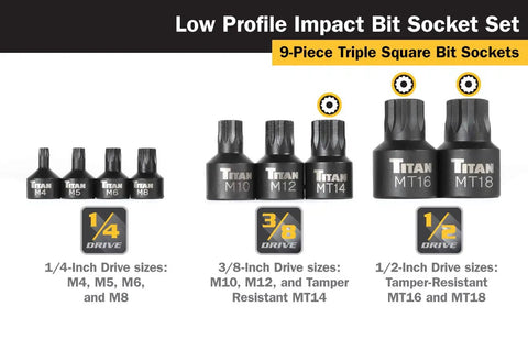 Nine Piece Low Profile Impact Triple Square Bit Socket Set with Steel Storage Rail showing various sizes and drives.