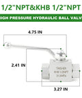 TAISHER 1/2 NPT high-pressure hydraulic ball valve, carbon steel, 2-way shut-off, side view with lever handle