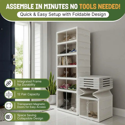 Foldable Six Tier Shoe Rack Organizer With Clear Magnetic Doors Space Saving Holds Up To 12 Pairs Of Shoes Heavy Duty Slim Vertical Cabinet For Bedroom Entryway Or Garage White