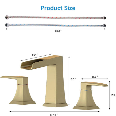 Waterfall Tub Faucet Set In Brushed Gold, Widespread 3 Hole Design With Two Handles, Includes Water Supply Lines and dimensions