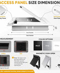 Heavy Duty Aluminum Access Panel Slick Flush Drywall Cover smooth push to open inspection hatch with measurements and color options.
