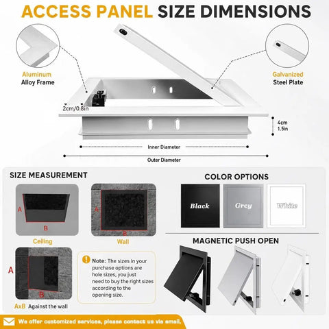 Heavy Duty Aluminum Access Panel Slick Flush Drywall Cover smooth push to open inspection hatch with measurements and color options.