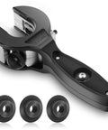 Ratcheting Tubing Cutter 1/4 to 7/8 Inch 2 in 1 Close Quarters Pipe Cutter with three replacement blades, black metal construction