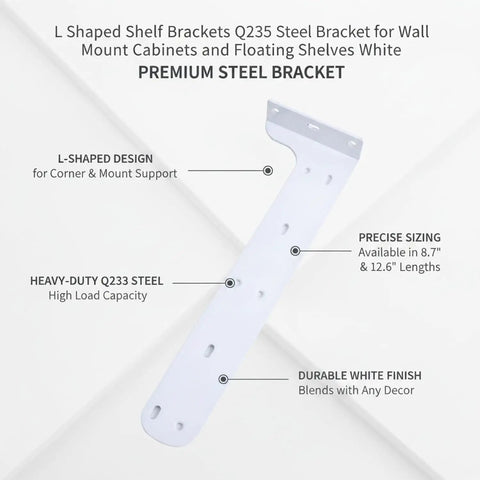 Heavy Duty L-Shaped Steel Bracket for Floating Shelves and Wall Cabinets Hella Sturdy TV Stands White Finish Stud Mounted Q235 Steel