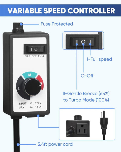 Variable speed controller for Heavy Duty 24 Inch Shutter Exhaust Fan with 1.65 meter power cord and settings display