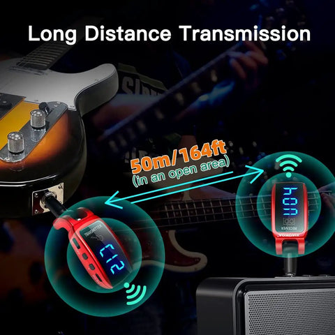 UHF Wireless Guitar System With 15 Channels, Rechargeable Transmitter And Receiver For Electric Guitars, 164ft Range