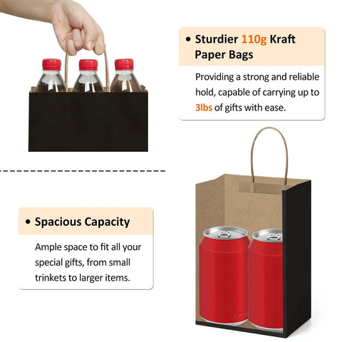 Bulk 25 Pack Black Kraft Gift Bags With Handles 5.25x3x8 Inches Eco Friendly Recycled Paper holding bottles and cans