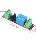 One Channel 3V 3.3V Relay High Level Driver Module With Optocoupler Isolation Plug And Play 10A 250VAC And 10A 30VDC Load Isolated Drive Board shown from above with dimensions