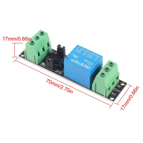 One Channel 3V 3.3V Relay High Level Driver Module With Optocoupler Isolation Plug And Play 10A 250VAC And 10A 30VDC Load Isolated Drive Board shown from above with dimensions