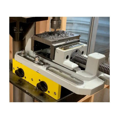 Heavy Duty Drill Press Vise Mount with Switchable Magnets and Low Profile T Slot Mounts on woodworking table.