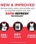 Diagram showing pre-treat, dry clean, and admire steps for At-Home Dry Cleaning Kit With Breeze Clean Scent, No Dry Bag Needed.