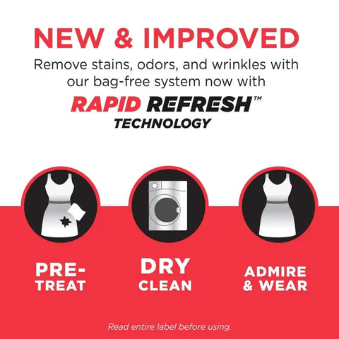 Diagram showing pre-treat, dry clean, and admire steps for At-Home Dry Cleaning Kit With Breeze Clean Scent, No Dry Bag Needed.