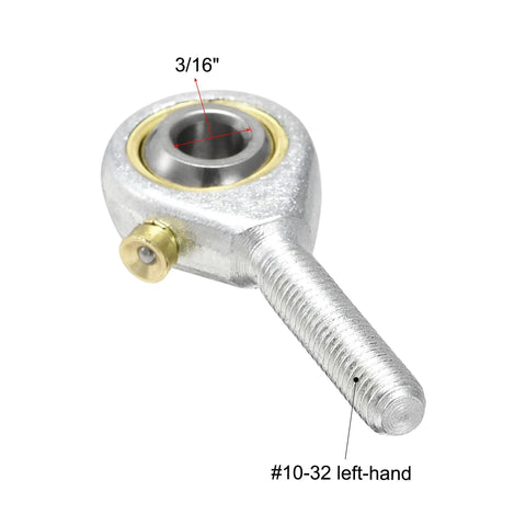 Left Hand Rod End Bearings 3/16 Inch Bore Pre Lubricated With 10-32 Male Thread, 2 Pack, Spherical Rod End For 10 Degree Misalignment, 3.4KN Dynamic Load Capacity, 45 Steel Body, 3/16 bore