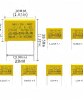 Six Value MKP Safety Capacitor Kit Set With 22 Pieces, 275VAC X2 displayed with measurements and specifications in yellow case