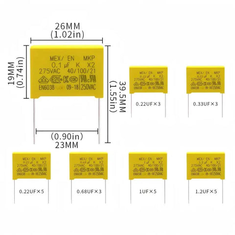 Six Value MKP Safety Capacitor Kit Set With 22 Pieces, 275VAC X2 displayed with measurements and specifications in yellow case