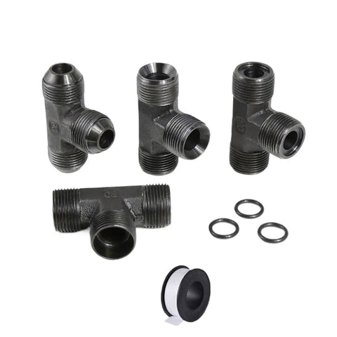 Heavy Duty Carbon Steel Hydraulic Male Tee Fitting Kit Sizes M10 to M24 for High Pressure Fluid Control Systems Built to Kill it on Job Site Without Any Messy Problems or Leaking Fluid Everywhere When You Are Under Pressure Making Serious Cash. carbon steel tee fittings, O-rings, and seal tape