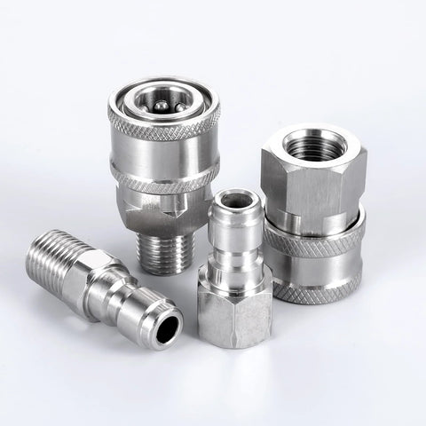 Front view: four stainless steel 1/4 in NPT pressure washer quick-connect couplers with knurled collars.