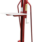 Easy Roll Manual Winch Stacker Work Positioner Lift Truck with red steel frame and poly casters, elevates loads from 5 to 59 inches.