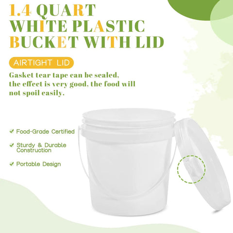 1.4 quart white plastic storage bucket with airtight lid and handle, part of 10 Pack 1.4 Quart White Plastic Storage Buckets With Airtight Lids And Built In Handles, Grab-And-Go Stackable Containers For Dry Food, Paint, Camping Gear And Fishing Accessories