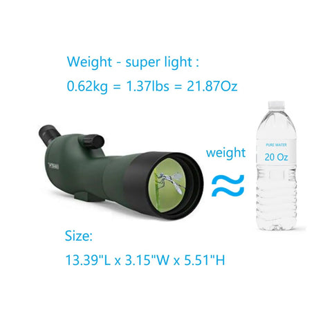 Go To 20 To 60x60 Zoom Angled Spotting Scope With BAK4 Optics Waterproof For Hunting And Birdwatching Includes 14 Inch Tabletop Tripod And Carry Bag Lightweight 1.37 Lb Ideal For Target Shooting And Wildlife Viewing, shown with bottle for size