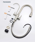 Top Tier Three Way Kitchen Faucet With Built In Water Filter Dispenser In Sleek Brushed Nickel Finish parts and connectors laid out.