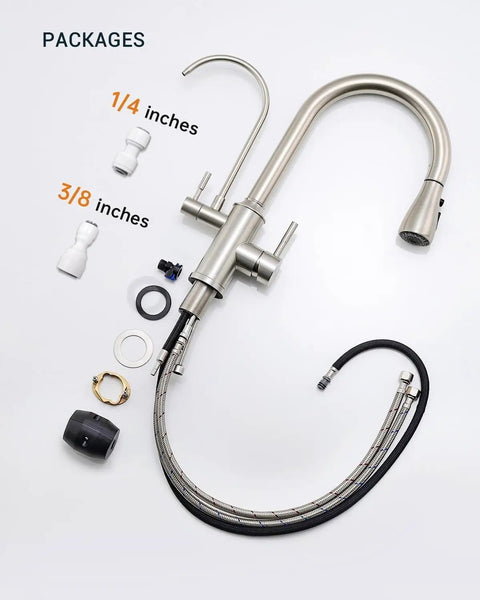 Top Tier Three Way Kitchen Faucet With Built In Water Filter Dispenser In Sleek Brushed Nickel Finish parts and connectors laid out.