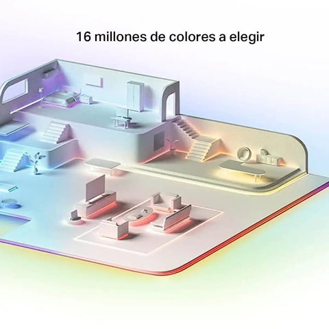 Diagram showing RGBWIC Smart LED Light Strip 32.8 Feet Two Rolls, 2000 Lumens in a room setup for ambiance.