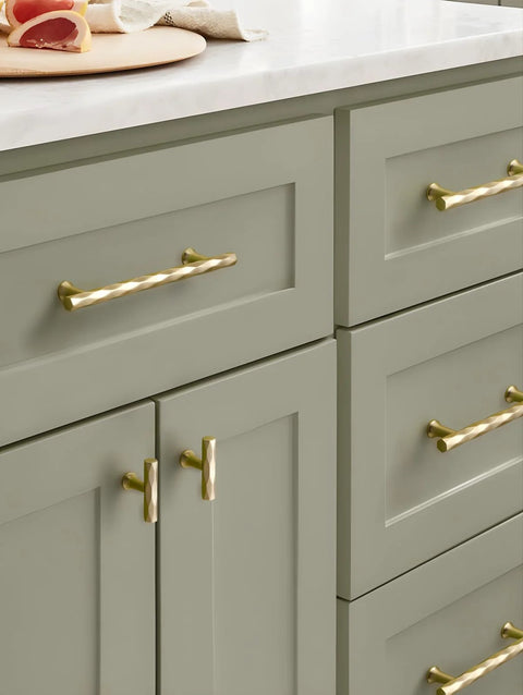 Kitchen cabinets with Brushed Gold Cabinet Knobs 10 Pack Hammered Brass Handles For Cabinets Drawers And Cupboards installed.