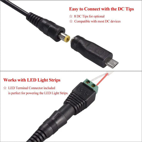 Universal 12V Power Supply Adapter With Adjustable Outputs 3V 4.5V 5V 6V 7.5V 9V 12V And 5V USB Port showing DC tips and LED connectors.