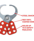 Group Lockout Hasp With Vinyl Coated Handle And Extended Jaw Red One And One Half Inch Inside Diameter Heavy Duty Steel Construction OSHA Compliant Lockout Tagout Device For Up To Six Workers