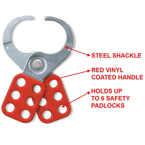 Group Lockout Hasp With Vinyl Coated Handle And Extended Jaw Red One And One Half Inch Inside Diameter Heavy Duty Steel Construction OSHA Compliant Lockout Tagout Device For Up To Six Workers