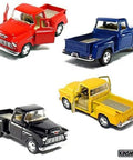 Four 1955 Chevrolet Stepside Pickup Die Cast Trucks in red, blue, black, and yellow, 1:32 scale, with working doors open.